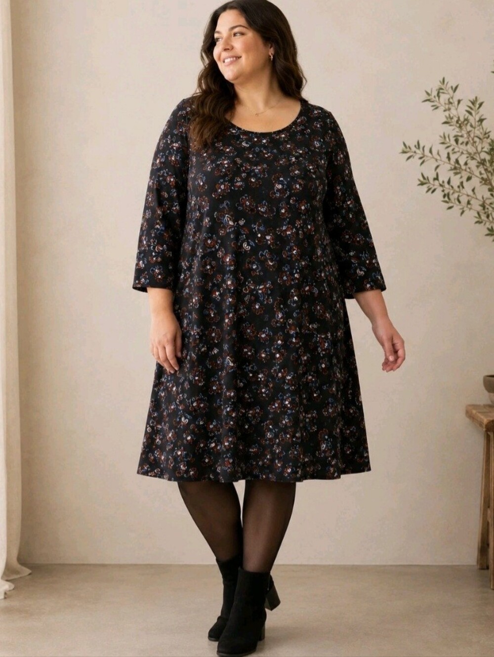 Ulla Popken Floral A Line Dress Plus Size 36 38 Black Boho Lagenlook Tunic